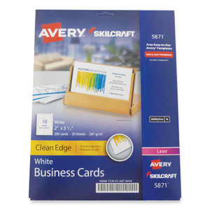 AbilityOne 7530016878444, SKILCRAFT AVERY Clean Edge Business Cards, Laser, 3.5 x 2, White, 200 Cards, 10 Cards/Sheet, 20 Sheets/Pack Product Image 