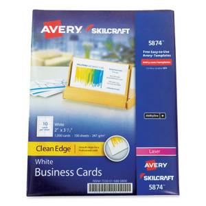 AbilityOne 7530016880800, SKILCRAFT AVERY Clean Edge Business Cards, Laser, 3.5 x 2, White, 1,000 Cards, 10 Cards/Sheet, 100 Sheets/Box Product Image 