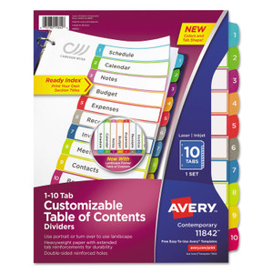 Avery Customizable TOC Ready Index Multicolor Tab Dividers, 10-Tab, 1 to 10, 11 x 8.5, White, Contemporary Color Tabs, 1 Set (AVE11842) View Product Image