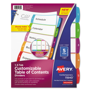 Avery Customizable TOC Ready Index Multicolor Tab Dividers, 5-Tab, 1 to 5, 11 x 8.5, White, Contemporary Color Tabs, 1 Set (AVE11840) View Product Image