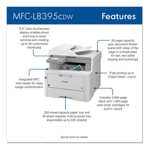 Brother Workhorse MFC-L8395CDW Wired & Wireless Laser Multifunction Printer - Color - (BRTMFCL8395CDW) View Product Image