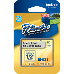 Brother Labeling Tape, Nonlaminated, 1/2" Size, Black/Silver (BRTM931) View Product Image