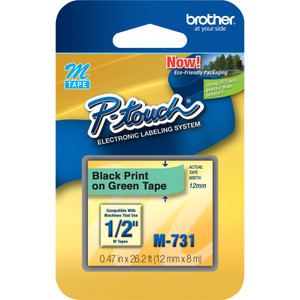 Brother Labeling Tape, Nonlaminated, 1/2" Size, Black/Green (BRTM731) View Product Image