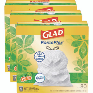 Glad ForceFlex Kitchen Drawstring Trash Bags, 13 gal, Gain Original Scent, 24" x 27.38", White, 80 Bags/Box, 3 Boxes/Carton View Product Image