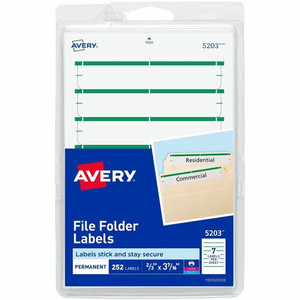 Avery File Folder Labels, White/Green, 2/3" x 3-7/16" , 252 (5203) - 3 7/16" Height x 21/32" Width - Permanent Adhesive - Rectangle - Laser, Inkjet - Green Product Image 