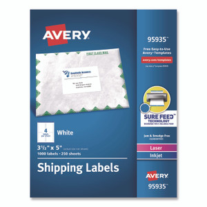Avery White Shipping Labels-Bulk Packs, Inkjet/Laser Printers, 3.5 x 5, White, 4/Sheet, 250 Sheets/Box View Product Image