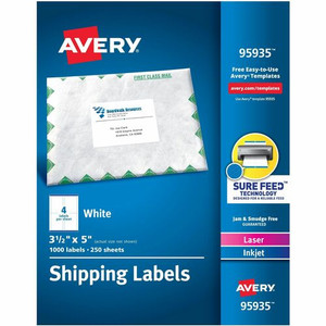 Avery Shipping Labels, Sure Feed, 3-1/2" x 5" , 1,000 Labels (95935) - 3 1/2" Width x 5" Length - Permanent Adhesive - Rectangle - Inkjet, Laser - Matte White Product Image 