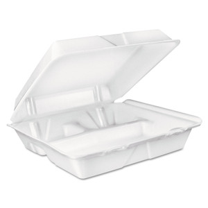 Dart Foam Hinged Lid Container, 3-Compartment, 8 oz, 9 x 9.4 x 3, White, 200/Carton (DCC90HT3R) View Product Image