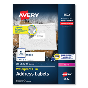 Avery Waterproof Address Labels with TrueBlock and Sure Feed, Laser Printers, 1.33 x 4, White, 14/Sheet, 50 Sheets/Pack (AVE5522) View Product Image