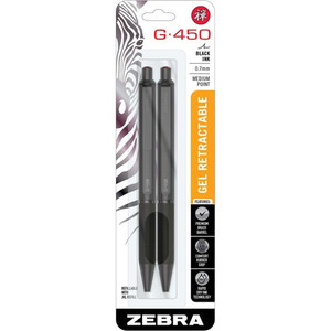 Zebra Pen G-450 Gel Retractable 0.7mm Black 2Pk - Medium Pen Point - Refillable - Retractable - Black Brass Barrel Product Image 
