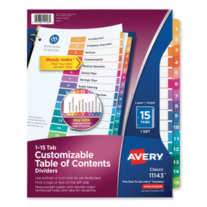 Avery Customizable TOC Ready Index Multicolor Tab Dividers, 15-Tab, 1 to 15, 11 x 8.5, White, Traditional Color Tabs, 1 Set (AVE11143) View Product Image