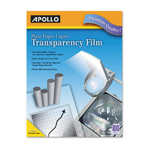 Apollo Plain Paper Laser Transparency Film with Handling Strip, 8.5 x 11, Black on Clear, 100/Box (APOPP201C) View Product Image