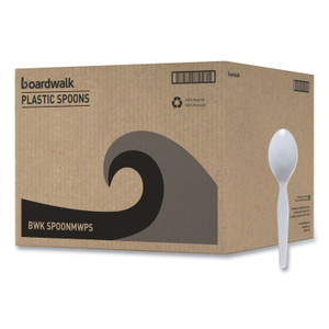 Boardwalk Mediumweight Polystyrene Cutlery, Spoon, Plastic, White, 100/Box, 10 Boxes/Carton View Product Image