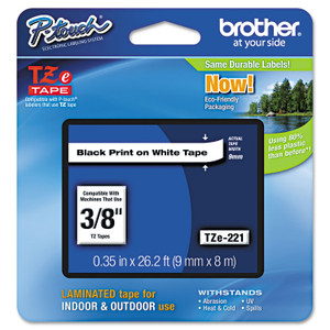 Brother P-Touch TZe Standard Adhesive Laminated Labeling Tape, 0.35" x 26.2 ft, Black on White (BRTTZE221) View Product Image