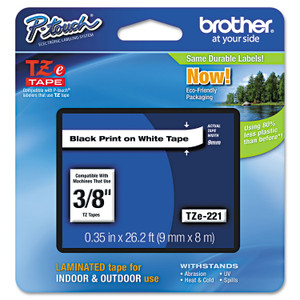 Brother P-Touch TZe Standard Adhesive Laminated Labeling Tape, 0.35" x 26.2 ft, Black on White View Product Image