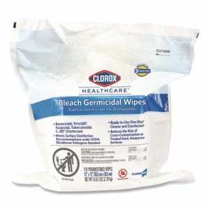 Clorox Healthcare Bleach Germicidal Wipes, Refill for Bucket, 1-Ply, 12 x 12, Unscented, White, 110/Pouch View Product Image
