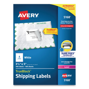 Avery Shipping Labels w/ TrueBlock Technology, Laser Printers, 3.5 x 5, White, 4/Sheet, 100 Sheets/Box View Product Image