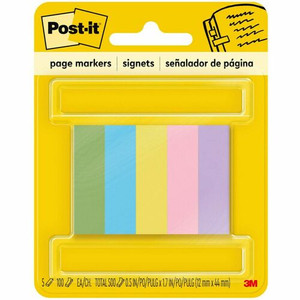 Post-it Page Markers - 100 - 1/2" Flag/Note Width x 2" Flag/Note Length - Rectangle - Unruled - Electric Blue, Yellow, Aqua Wave, Light Mulberry, Neon Green Product Image 