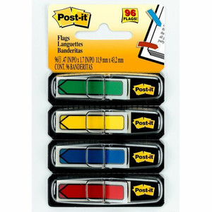 Post-it Arrow Flags - 24 x Red, 24 x Green, 24 x Yellow, 24 x Blue - 1/2" Flag/Note Width x 1 3/4" Flag/Note Length - Arrow, Rectangle - Unruled - Green, Yellow, Red, Blue, Assorted Product Image 
