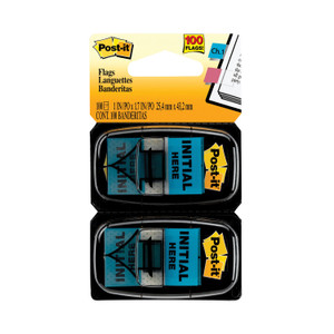 Post-it Message Flags - 100 - 1" Flag/Note Width x 1 3/4" Flag/Note Length - Arrow, Rectangle - Unruled - Initial Here (MMM680IH2) Product Image 