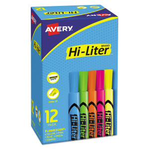 Avery Hi-Liter Desk-Style Highlighters - Chisel Marker Point - Washable - Fluorescent Yellow, Fluorescent Blue, Fluorescent Green, Fluorescent Orange, Fluorescent Pink Ink - Water Based - Plastic Tip (AVE98034) Product Image 