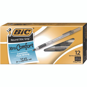 BIC Fine Point Round Stic Pens - Fine Pen Point - Black Ink - Gray Barrel (BICGSFG11BK) Product Image 