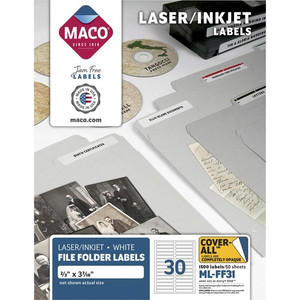 Maco Assorted Laser/Inkjet File Folder Labels - 43/64" Width x 3 7/16" Length - Permanent Adhesive - Inkjet, Inkjet - White - 30 / Sheet Product Image 