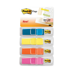 Post-it Flags - 1/2" Flag/Note Width x 1 3/4" Flag/Note Length - Rectangle - Unruled - Blue, Pink, Yellow, Orange - Removable, Self-adhesive, Residue-free, Repositionable (MMM6834ABX) Product Image 