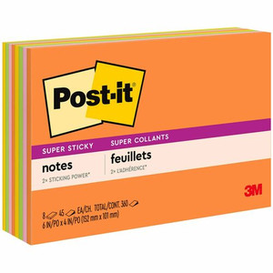 Post-it Super Stick Notes - Energy Boost Color Collection - 360 - 6" Flag/Note Width x 4" Flag/Note Length - Rectangle - 45 Sheets per Pad Product Image 