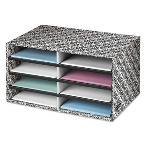 Bankers Box Decorative Sorter, 8 Letter Compartments, 19.5 x 12.38 x 10.25, Black/White Brocade (FEL6171301) View Product Image