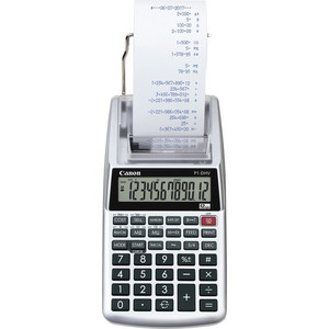 Canon P1DHV3 Compact Printing Calculator - Sign Change, Built-in Memory, Item Count, Clock, Calendar - 12 Digits - 1.6" Height x 3.9" Width x 7.7" Length - Sliver Product Image 