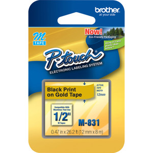 Brother Labeling Tape, Nonlaminated, 1/2" Size, Black/Gold (BRTM831) View Product Image