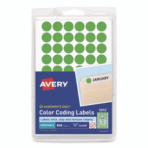 Avery Handwrite Only Self-Adhesive Removable Round Color-Coding Labels, 0.5" dia, Neon Green, 60/Sheet, 14 Sheets/Pack, (5052) View Product Image