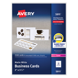 Avery Printable Microperforated Business Cards w/Sure Feed Technology, Laser, 2 x 3.5, White, 2,500 Cards, 10/Sheet, 250 Sheets/Box View Product Image