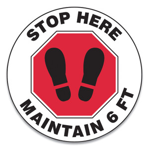 Accuform Slip-Gard Social Distance Floor Signs, 17" Circle, "Stop Here Maintain 6 ft", Footprint, Red/White, 25/Pack View Product Image