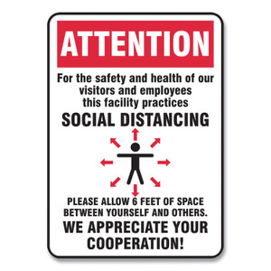 Accuform Social Distance Signs, Wall, 7 x 10, Visitors and Employees Distancing, Humans/Arrows, Red/White, 10/Pack View Product Image