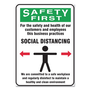 Accuform Social Distance Signs, Wall, 10 x 14, Customers and Employees Distancing Clean Environment, Humans/Arrows, Green/White, 10/PK View Product Image
