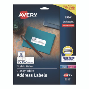 Avery Glossy White Easy Peel Mailing Labels w/ Sure Feed Technology, Laser Printers, 1 x 2.63, White, 30/Sheet, 25 Sheets/Pack View Product Image
