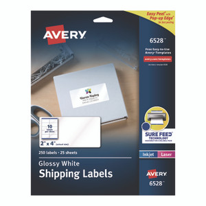 Avery Glossy White Easy Peel Mailing Labels w/ Sure Feed Technology, Laser Printers, 2 x 4, White, 10/Sheet, 25 Sheets/Pack View Product Image