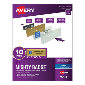 Avery The Mighty Badge Name Badge Holder Kit, Horizontal, 3 x 1, Inkjet, Gold, 10 Holders/ 80 Inserts (AVE71203) View Product Image