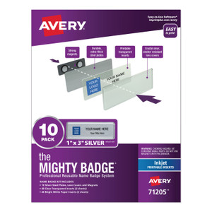 Avery The Mighty Badge Name Badge Holder Kit, Horizontal, 3 x 1, Inkjet, Silver, 10 Holders/ 80 Inserts (AVE71205) View Product Image