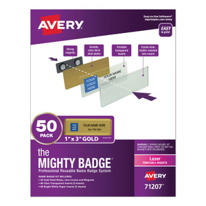 Avery The Mighty Badge Name Badge Holder Kit, Horizontal, 3 x 1, Laser, Gold, 50 Holders/120 Inserts (AVE71207) View Product Image