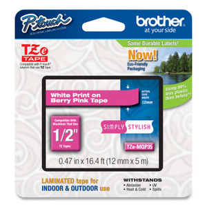 Brother P-Touch TZ Standard Adhesive Laminated Labeling Tape, 0.47" x 16.4 ft, White/Berry Pink View Product Image