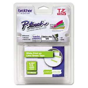 Brother P-Touch TZ Standard Adhesive Laminated Labeling Tape, 0.47" x 16.4 ft, White/Lime Green (BRTTZEMQG35) View Product Image