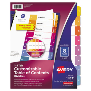 Avery Customizable TOC Ready Index Multicolor Tab Dividers, 8-Tab, 1 to 8, 11 x 8.5, White, Traditional Color Tabs, 1 Set (AVE11133) View Product Image