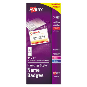Avery Necklace-Style Badge Holder w/Laser/Inkjet Insert, Top Load, 4 x 3, WE, 50/Box (AVE74520) View Product Image