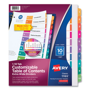 Avery Customizable TOC Ready Index Multicolor Tab Dividers, Extra Wide Tabs, 10-Tab, 1 to 10, 11 x 9.25, White, 1 Set (AVE11165) View Product Image