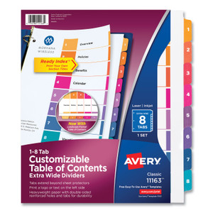 Avery Customizable TOC Ready Index Multicolor Tab Dividers, Extra Wide Tabs, 8-Tab, 1 to 8, 11 x 9.25, White, 1 Set (AVE11163) View Product Image