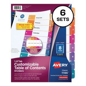Avery Customizable TOC Ready Index Multicolor Tab Dividers, 8-Tab, 1 to 8, 11 x 8.5, White, Traditional Color Tabs, 6 Sets (AVE11186) View Product Image
