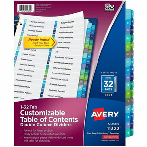 Avery Two-Column Table Contents Dividers w/Tabs - 32 x Divider(s) - 1-32 - 32 Tab(s)/Set - 8.5" Divider Width x 11" Divider Length - 3 Hole Punched Product Image 